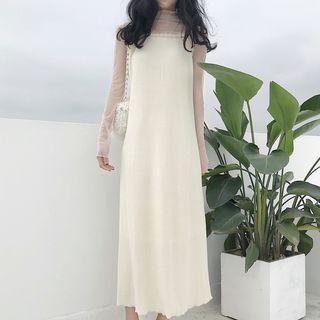 Long-sleeve Mesh Top / Spaghetti Strap Maxi Knit Dress