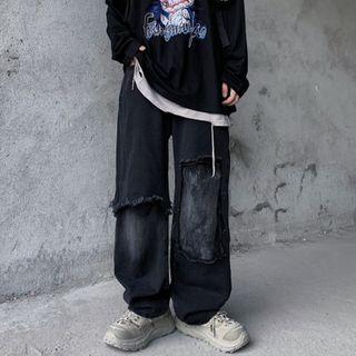 Washed Patched Straight Cut Jeans