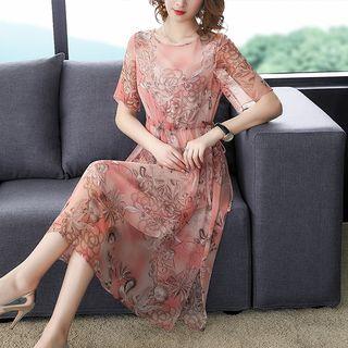 Short-sleeve Flower Print A-line Silk Dress