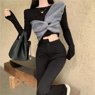 High Waist Slit Bootcut Pants / Two-tone Panel T-shirt