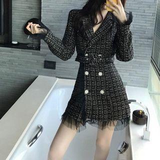 Mesh Trim Long-sleeve Mini A-line Tweed Dress