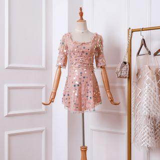 Elbow-sleeve Sequined A-line Mini Dress