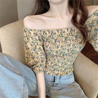 Puff-sleeve Floral Print Shirred Crop Top