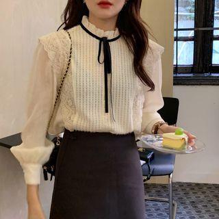 Long-sleeve Bow-neck Lace Trim Blouse Milky White - One Size