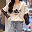 Mock Two-piece Crewneck Loose-fit Long-sleeve Lace Top