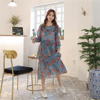 Round-neck Floral Chiffon Midi Tiered Dress