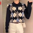 Argyle Knit Polo Shirt Black & Gray & White - One Size