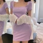 Square-neck Short-sleeve A-line Dress Purple - One Size