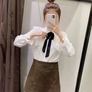 Long-sleeve Ribbon Ruffle Blouse
