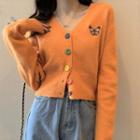 Long-sleeve Buttoned Butterfly Embroidered Knit Top