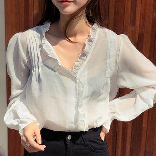 V-neck Frilled Sheer Blouse