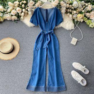 Denim Short-sleeve Wide-leg Jumpsuit