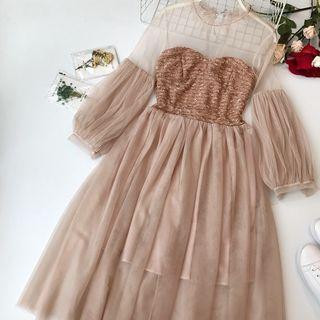 Mock Two-piece Long-sleeve Midi A-line Mesh Overlay Dress