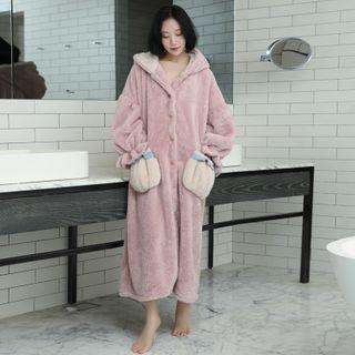 Pocket Fleece Hooded Buttoned Robe