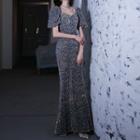 Puff-short-sleeve Square Neck Sequined Mermaid Evening Gown