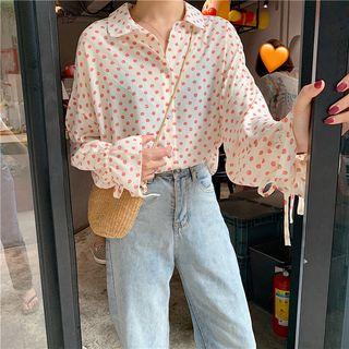 Long-sleeve Frill Trim Polka Dot Shirt As Shown In Figure - One Size