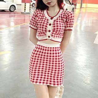 Short-sleeve Gingham Knit Crop Top / Mini Pencil Skirt