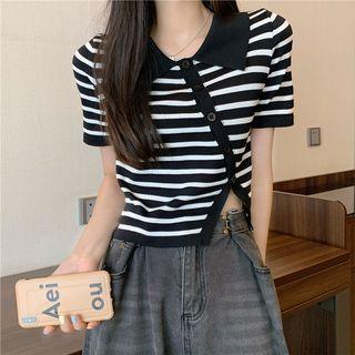 Short-sleeve Collar Asymmetrical Striped Knit Top