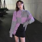 Long-sleeve Color Block Knit Cardigan Grayish Purple - One Size