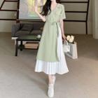 Short-sleeve V-neck Chiffon Asymmetrical A-line Dress