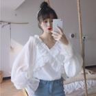 Ruffled V-neck Puff-sleeved Shirt White - Type A - One Size