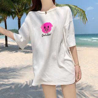 Elbow-sleeve Sequin Animal Embroidered T-shirt