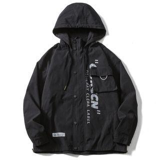 Lettering Hooded Button-up Jacket