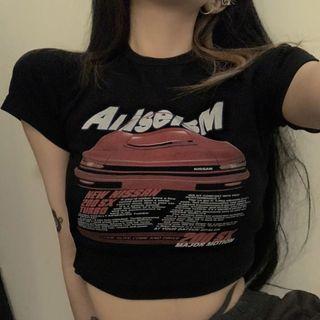 Short-sleeve Letter Printed Crop T-shirt Black - One Size