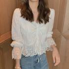 Eyelet Long-sleeve Drawstring Cropped Blouse