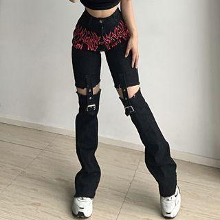 Cut-out Print High Waist Straight Leg Jeans
