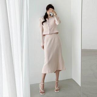 Set: Tweed-panel Open Jacket + Long Skirt