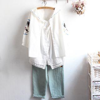 Set: Frill Trim Camisole Top + Chicken Embroidered Hooded Jacket + Cropped Pants