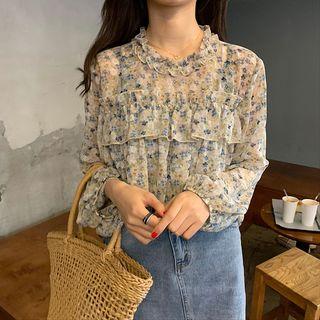 Long-sleeve Ruffled Floral Chiffon Blouse Almond - One Size