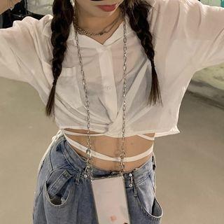 Long-sleeve V-neck Plain Lace Up Loose Fit Sheer Shirt