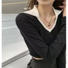 Long-sleeve V-neck Cropped Knit Top Black - One Size