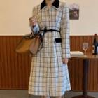 Contrast Collar Plaid Midi A-line Dress Plaid - Gray & White - One Size