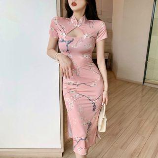 Short-sleeve Floral Print Cutout Midi Qipao Dress