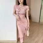 Short-sleeve Floral Print Cutout Midi Qipao Dress