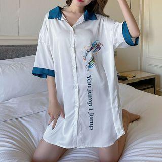 Elbow-sleeve Lettering Shirt Sleep Dress 8817 - Blue & White - One Size