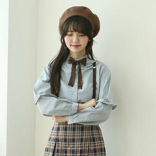 Frill-trim Plain Blouse Blue - One Size
