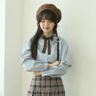 Frill-trim Plain Blouse Blue - One Size