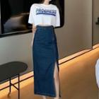 Lettering Short-sleeve T-shirt / Side-slit Denim Midi Straight-fit Skirt