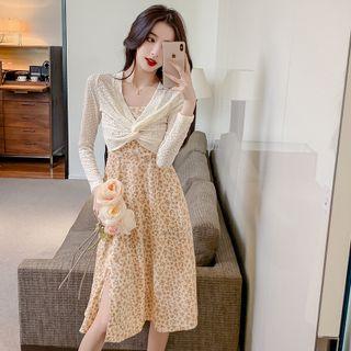 Set: Spaghetti Strap Flower Print A-line Dress + Cropped Blouse