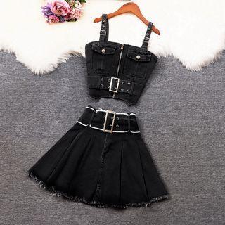 Set: Belted Denim Camisole Top + Mini Skirt