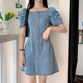 Square-neck Puff-sleeve Mini A-line Denim Dress