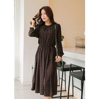 Long-sleeve Gathered-waist Pattern Long Dress