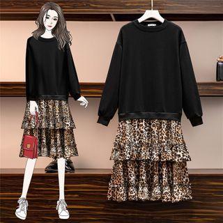 Leopard Print Panel Midi Tiered Sweatshirt Dress