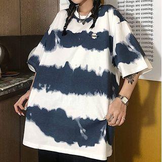 Short-sleeve Tie-dye Print Flower Embroidered T-shirt