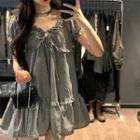 Puff-sleeve Ruffled Gingham A-line Dress