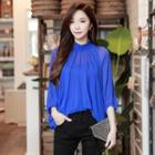 3/4 Sleeve Frill-trim Sheer Top